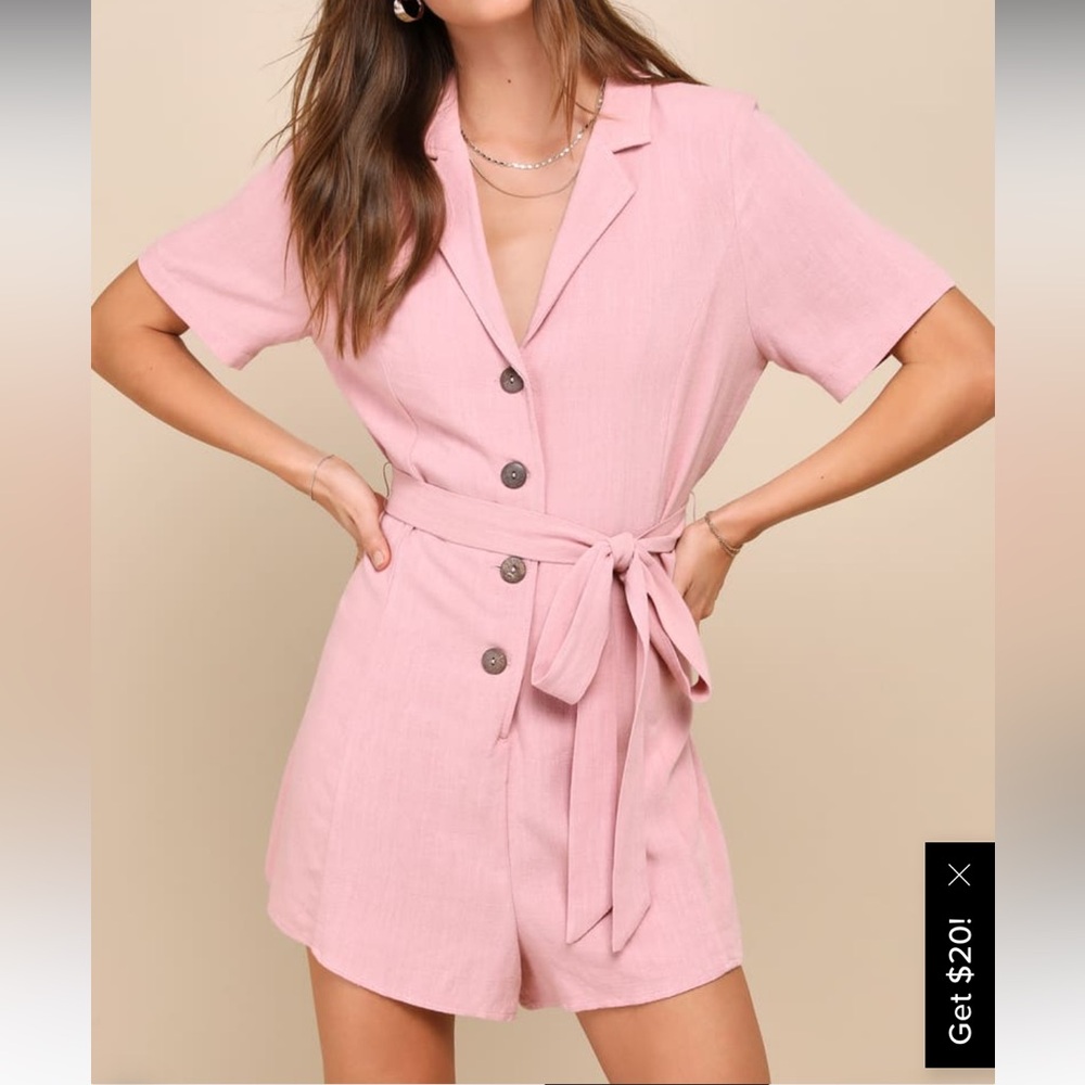Lulus Darling Approach Dusty Rose Pink Linen Collared Short Sleeve Romper